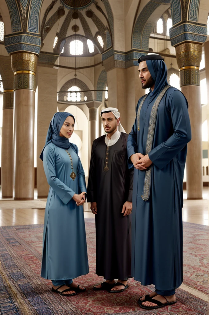 (((A man wear Kopiah and jubah )))) a man with him wife in the mosque((( hijab wife like arabian ))) ((( blue dome mosque )))) during reciting al - Quran together