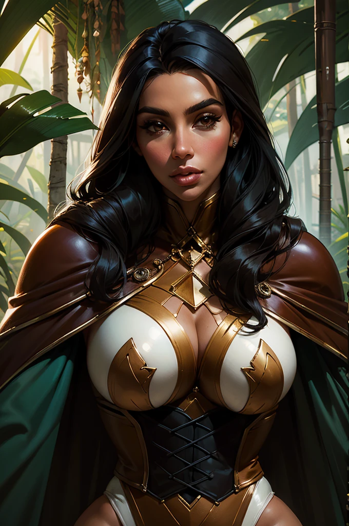 kim kardashian, ((Beautiful )), hourglass figure, large breasts, brown eyes, black hair, seductive face, tan skin, tiger leather, cape, jungle, fantasy theme, masterpiece, best quality, ultra detailed, realistic