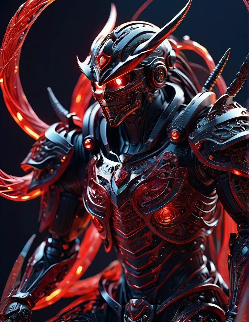 Complex 3d rendering ultra-detailed samurai , biomechanical robot, simulated 150mm shot, beautiful natural soft edge light, crystal , roots, delicate leaf lace, colorful details, screws , intricate details, mesh threads, mandelbro fractals, body muscles, cable wires, microchips, badasses, surreal, ultra-detailed, octane rendering, volumetric lighting, 8k post-production, black and red with a touch of black, metallic skeleton details, samurai , futuristic samurai , power of samurai , background pipes and wires,
