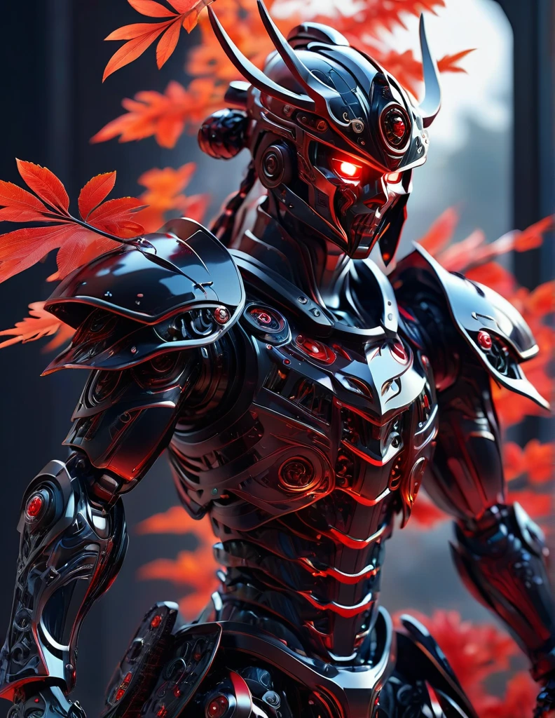 Complex 3d rendering ultra-detailed samurai , biomechanical robot, simulated 150mm shot, beautiful natural soft edge light, crystal , roots, delicate leaf lace, colorful details, screws , intricate details, mesh threads, mandelbro fractals, body muscles, cable wires, microchips, badasses, surreal, ultra-detailed, octane rendering, volumetric lighting, 8k post-production, black and red with a touch of black, metallic skeleton details, samurai , futuristic samurai , power of samurai , background pipes and wires,