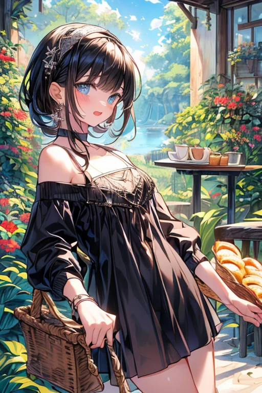 (perky chest:1.2), (pointed chest:1.2),(((Black Tunic:1.3))),(((cakes and bread in the basket),Cute and beautiful girl,Cute round face,Cute smile,with blush cheeks,Red Lip,solo, looking at viewer, open mouth, have a cute grass of cute beergrass,black hair, dark green eyes, dress, bare shoulders, jewelry, collarbone, sidelocks, hairband, earrings, indoors, off shoulder, sweater, arms behind back, plant, short hair with long locks, gild hairband, off-shoulder dress, sweater dress, off-shoulder sweater, black sweater, dark gord hair, big side hair, very long side hair,is rendered in (masterpiece: 1.2, best quality), with (ultra high resolution) and an exquisite (depth of field),(Bangs are see-through bangs),hair pin,hair adornments,detailed clothes features,Detailed hair features,detailed facial features,(Dynamic angles),(Dynamic and sexy poses),Cinematic Light,(masutepiece,top-quality,Ultra-high resolution) ,(The 8k quality,Anatomically accurate facial structure,),(Sea Art 2 Mode:1.3),(Image Mode Ultra HD) ,(Hold a coffee in your hand:1.3),delicate beautiful face, Bright blue eyes, cute eyes, sparkling eyes, Big eyes, (perky chest:1.1), (pointed chest:1.3), looking at viewer,