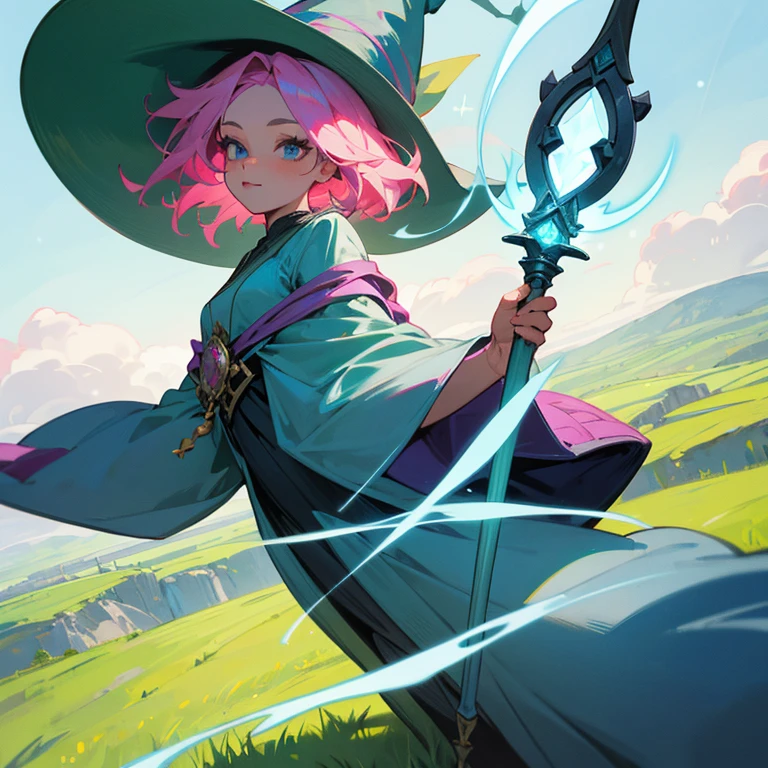 a detailed close-up captures a vibrant digital painting of a young, fair-skinned woman, adorned in a gray witch's hat, holding a blue magic wand. she's perched on a green field, with a winding road snaking through the middle of the frame. the woman's fair skin is adorned with pink hair, parted in the middle, and she's dressed in a gray witch's robe, paired with a green skirt. her blue eyes are accentuated by a pink pout, and she's holding a blue magic wand in her right hand. the background is a verdant field, with a winding road snaking through the middle of the frame.