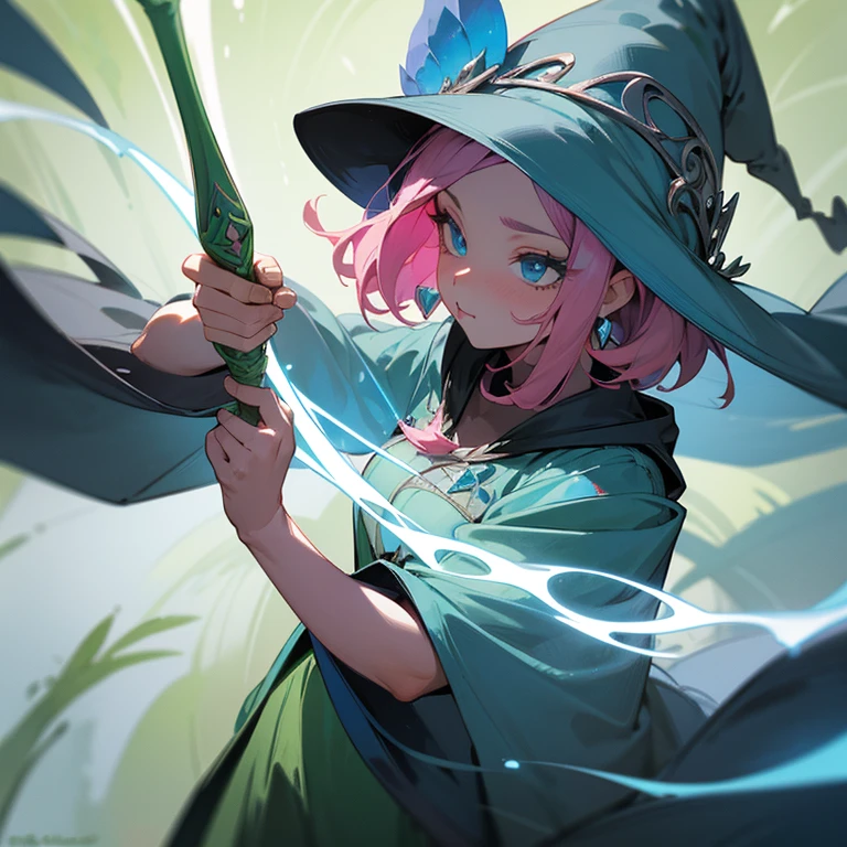 a detailed close-up captures a vibrant digital painting of a young, fair-skinned woman, adorned in a gray witch's hat, holding a blue magic wand. she's perched on a green field, with a winding road snaking through the middle of the frame. the woman's fair skin is adorned with pink hair, parted in the middle, and she's dressed in a gray witch's robe, paired with a green skirt. her blue eyes are accentuated by a pink pout, and she's holding a blue magic wand in her right hand. the background is a verdant field, with a winding road snaking through the middle of the frame.
