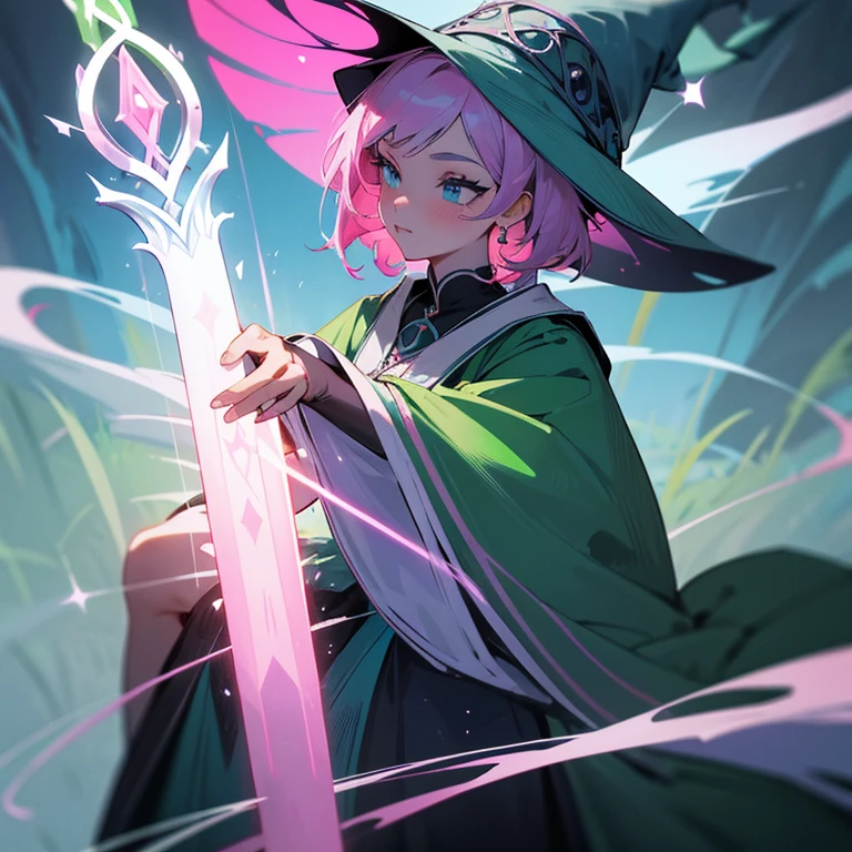 a detailed close-up captures a vibrant digital painting of a young, fair-skinned woman, adorned in a gray witch's hat, holding a blue magic wand. she's perched on a green field, with a winding road snaking through the middle of the frame. the woman's fair skin is adorned with pink hair, parted in the middle, and she's dressed in a gray witch's robe, paired with a green skirt. her blue eyes are accentuated by a pink pout, and she's holding a blue magic wand in her right hand. the background is a verdant field, with a winding road snaking through the middle of the frame.