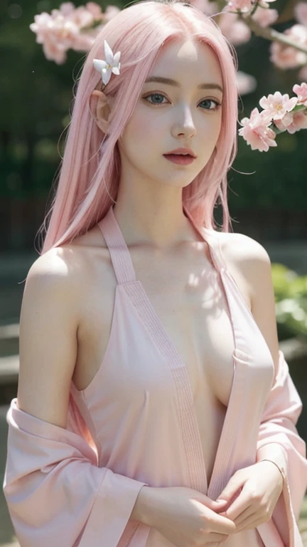 young woman pale skin, long bubblegum pink hair, pink eyebrows, big jade green eyes, buttoned nose, peach lips, small breasts, wide forehead, flower and butterfly kimono, Sakura Haruno, realistic, 3d