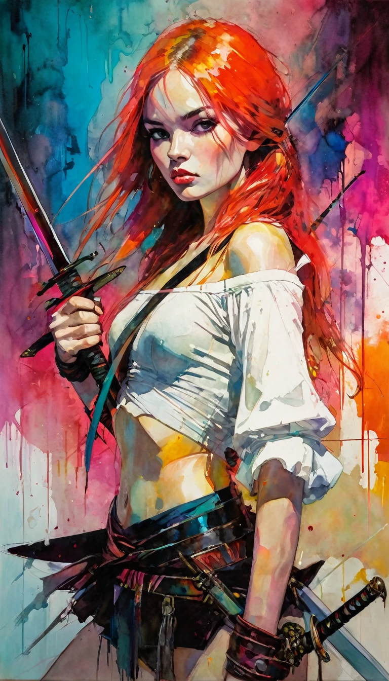 girl with two swords, work inspired by Bill Sienkiewicz, vivid colors, intricate details, oil.
