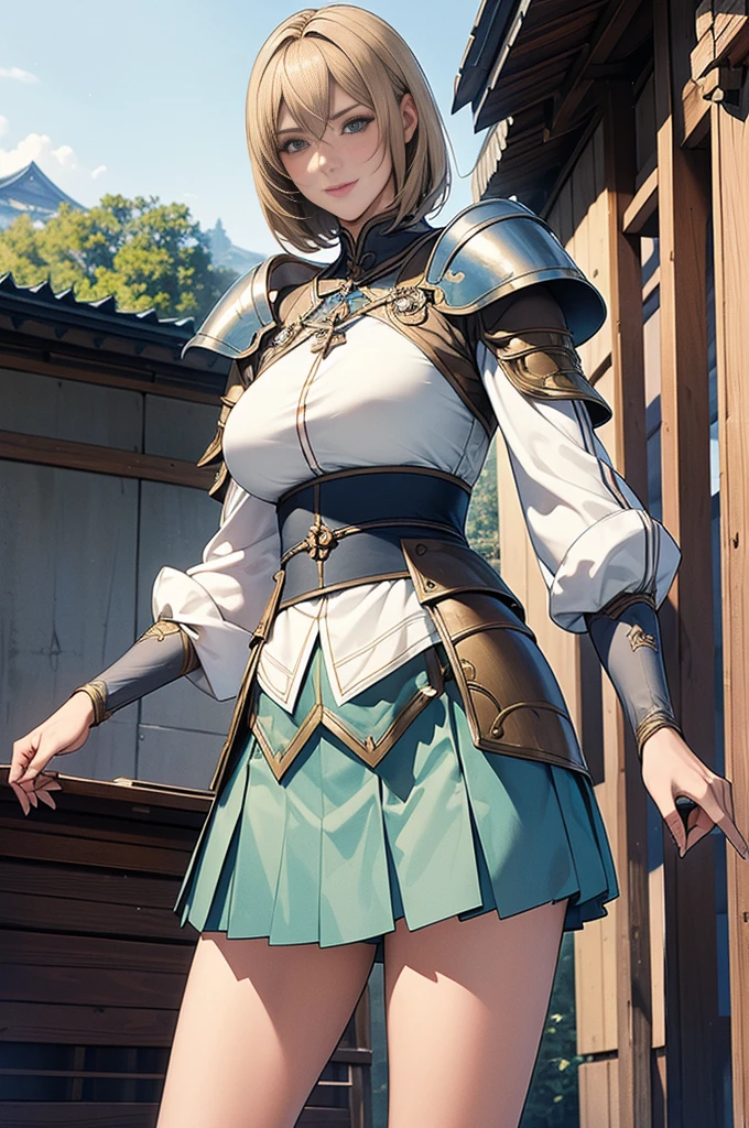 masterpiece, Highest quality, Absurd, Perfect Anatomy, One girl, alone, Asheria, Asheriaのコスチューム, short hair, Blonde, Pauldrons, Are standing, Outdoor, Japanese Village, smile, Confident posture, Dynamic Angle,skirt lift up,