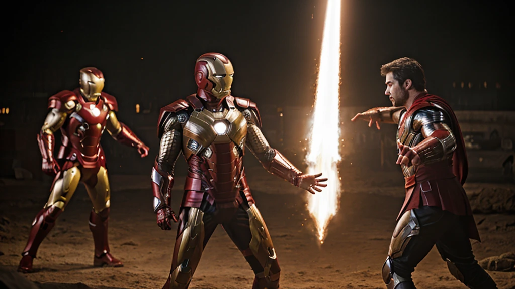 battle between Antony Starr as Thor and Karl Urban as Iron Man, Karl Urban with armor and no helmet, epic cinematic lighting, dramatic poses, incredible details, photorealistic, dynamic action, sparks and energy effects, intricate metal textures, godlike physiques