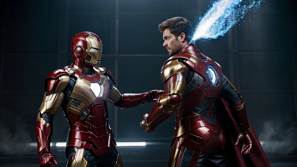 battle between Antony Starr as Thor and Karl Urban as Iron Man, Karl Urban with armor and no helmet, epic cinematic lighting, dramatic poses, incredible details, photorealistic, dynamic action, sparks and energy effects, intricate metal textures, godlike physiques