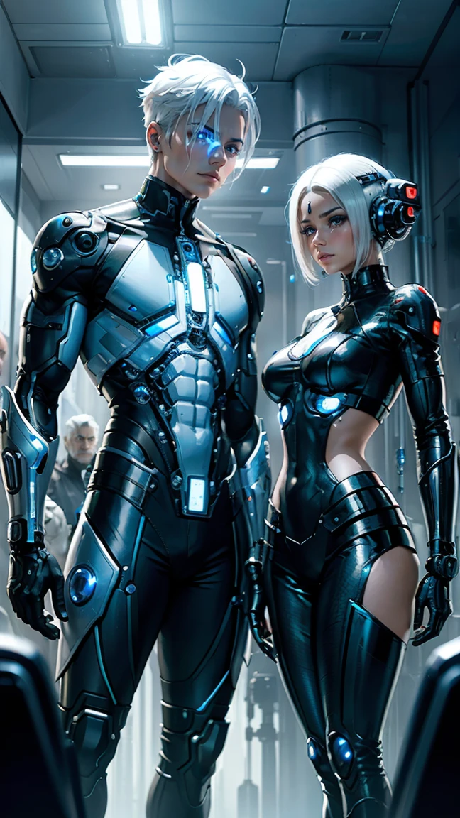 futuristic laboratory, cyborgues, men with implanted cybernetic parts, a doctor with a metal arm, and an android woman with white hair and blue eyes