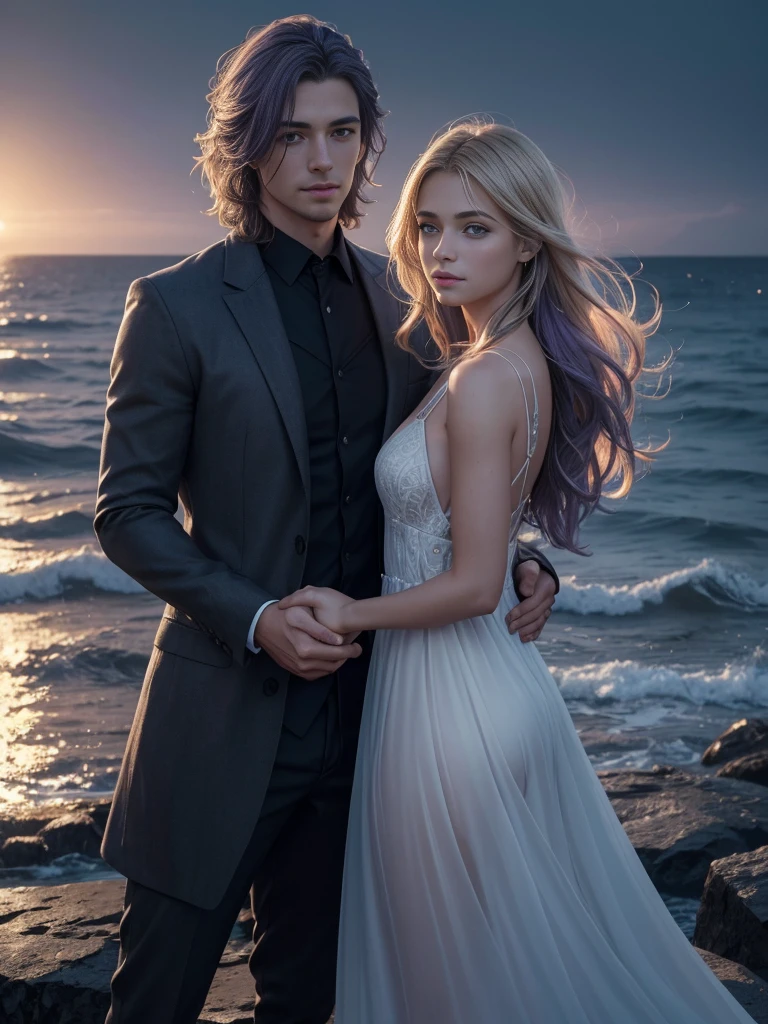 Alleia and Malcolm standing together on a cliff overlooking the ocean on Slaphnyr Island under a starry, moonlit sky. Alleia, with her blonde hair and light blue eyes, is wearing a delicate, flowing dress, while Malcolm, with his dark purple hair and black eyes, is in a sleek, dark outfit. They are holding hands, with magic sparks swirling around them, symbolizing their powerful bond. The moonlight casts a gentle glow over them, highlighting their features and the serene, romantic atmosphere, (photo realistic:1.4), (hyper realistic:1.4), (realistic:1.3), (smoother lighting:1.05), (increase cinematic lighting quality:0.9), 32K, realistic lighting, ray trace, (brightening light:1.2), (Increase quality:1.4), (best quality real texture skin:1.4), finely detailed eyes, finely detailed face, finely quality eyes. (UHD, retina, masterpiece, accurate, anatomically_correct, textured_skin, super_detail, high_details, high_quality, best_quality, high_res, 1080P, HD, 4K, 8k, 16k), (beautiful_detailed_eyes, beautiful_detailed_lips, extremely_detailed_eyes_and_face), soft_lighting, physically-based_rendering, vivid_colors, (Best Highest Quality, 8K, High Resolution, Masterpiece:1.2), Ultra Detailed, Extremely Fine, (Realistic, Photo Realistic:1.37.