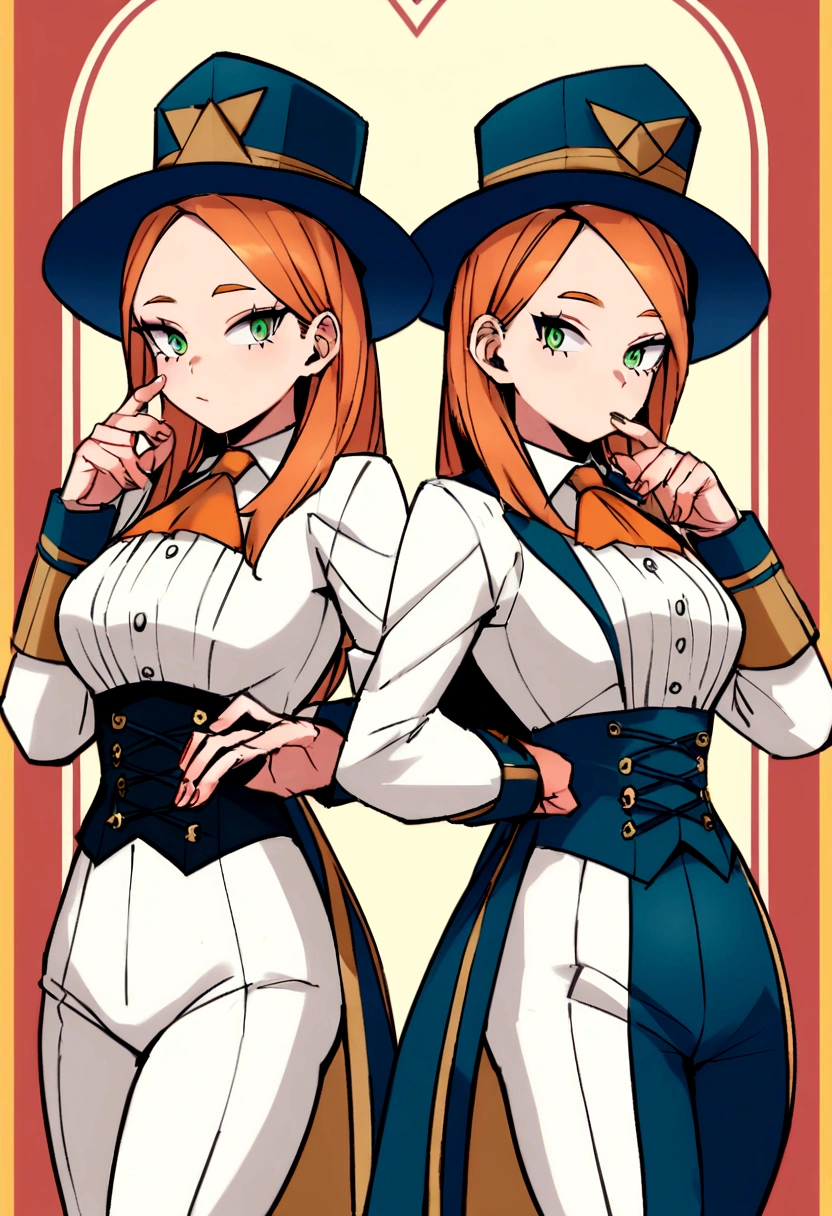 HERO COSTUME BASED ON BOKU NO HERO ACADEMIA, must look like a magician. It should be a masculine suit for a slim body. Includes a witcher's hat and corset. The model must have orange hair, light skin and green eyes.