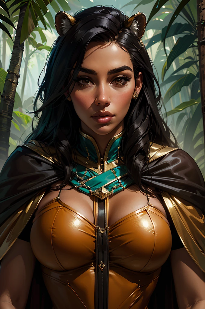 kim kardashian, ((Beautiful teen)), hourglass figure, large breasts, brown eyes, black hair, seductive face, tan skin, tiger leather, cape, queen jungle, jungle, fantasy theme, masterpiece, best quality, ultra detailed, realistic