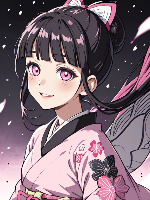 estilo kimetsu no yaiba, 1 girl, Alone, SMILE, pink eyes, white pupils in the shape of flowers., black fur, hair up in a bun, Fastened with a bolt,  pink kimono, Obi Belt,  ((Masterpiece)), ((portraits of a)), snowing, Drift, dark sky, snowflakes fall, Frontal, low angle