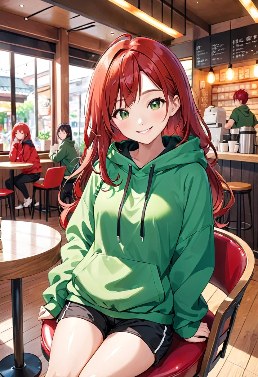 Pretty asian woman, bright red hair, black shorts and a green hoodie, cute, sitting in a big chair. Anime style, coffee shop environment, pretty smile