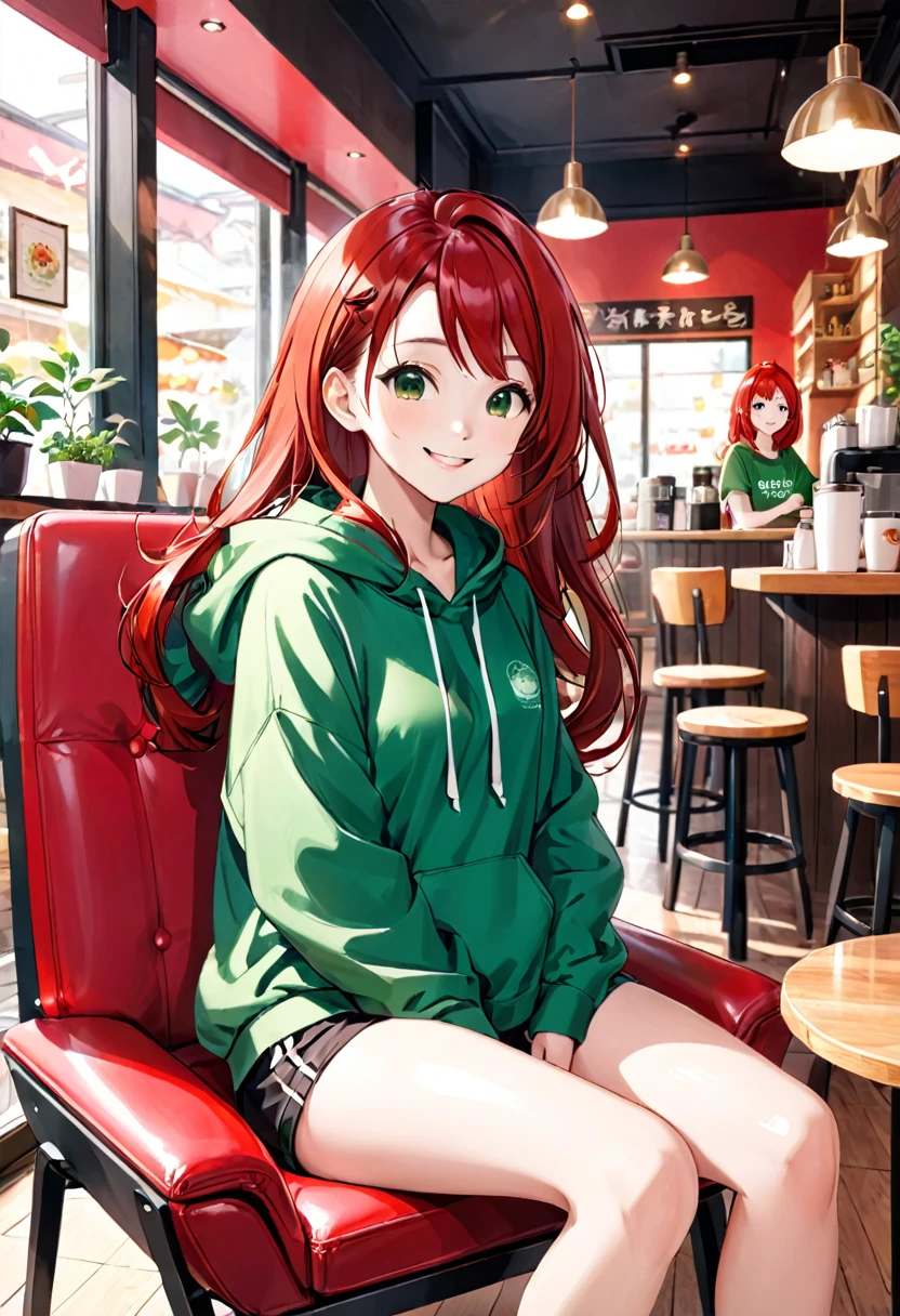 Pretty asian woman, bright red hair, black shorts and a green hoodie, cute, sitting in a big chair. Anime style, coffee shop environment, pretty smile