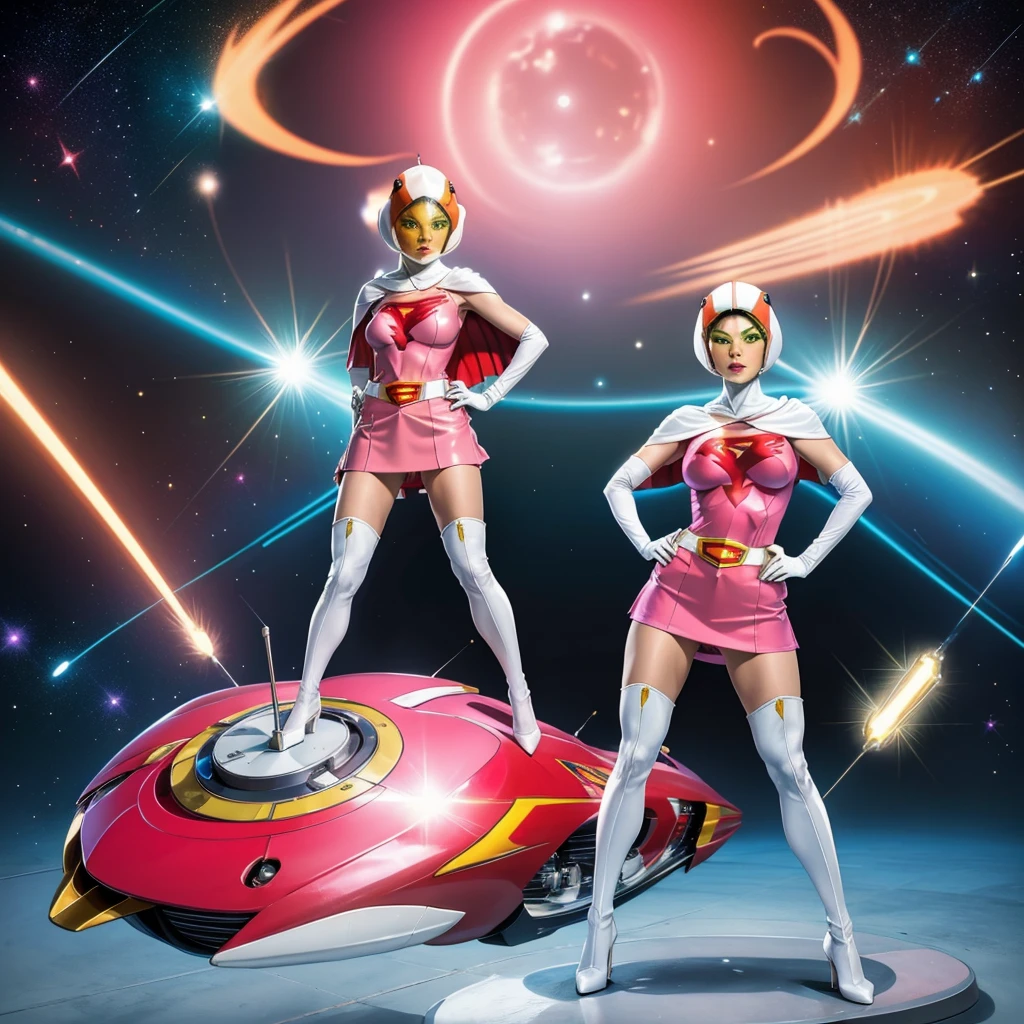 ANI_CLASSIC_jun_gatchaman_ownwaifu,1girl, ,good anatomy, masterpiece, best quality,realistic, hyperrealistic, 16k hdr,breasts,green eyes,lips,large breasts,lipstick,makeup,gloves,cape,helmet,belt,elbow gloves,white gloves,mask,ultra miniskirt,leotard,spacesuit,white tight overknee highheels boots,pink dress,superhero,bodysuit,cleavage,erected nipples,((stand pose,hands on hip,view from below)),cameltoe