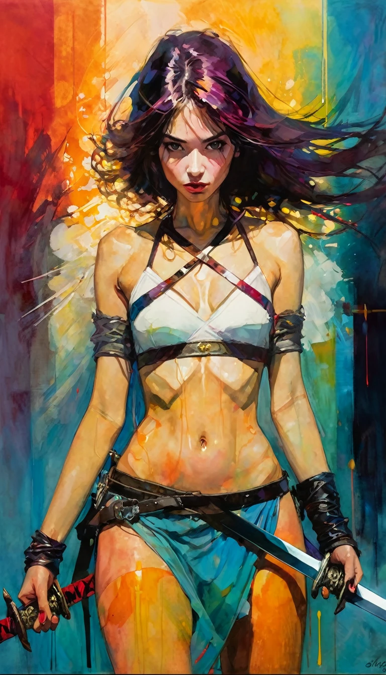 girl with two swords, work inspired by Bill Sienkiewicz, vivid colors, intricate details, oil.
