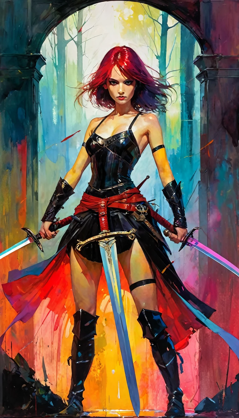 girl with two swords, work inspired by Bill Sienkiewicz, vivid colors, intricate details, oil.