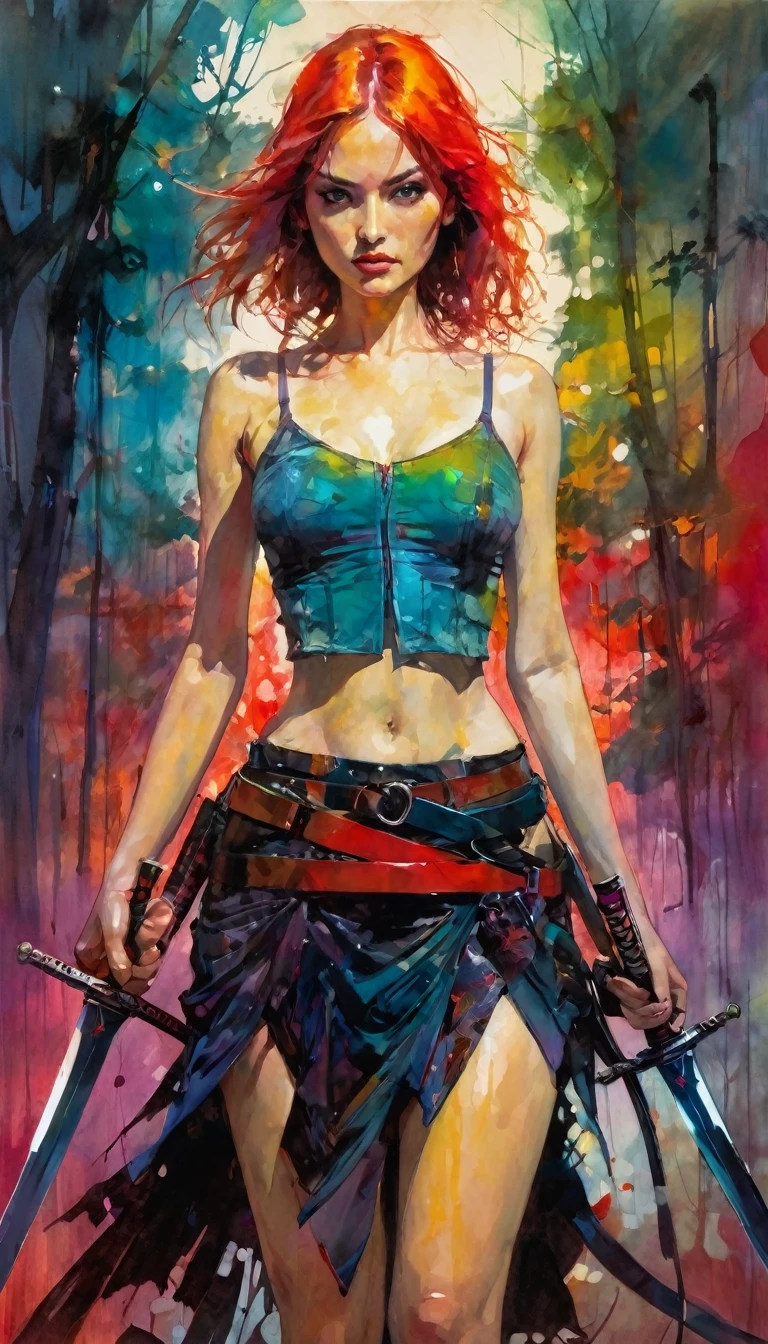 girl with two swords, work inspired by Bill Sienkiewicz, vivid colors, intricate details, oil.