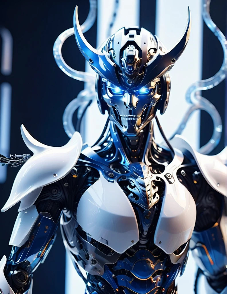 Complex 3d rendering ultra-detailed samurai , biomechanical robot, simulated 150mm shot, beautiful natural soft edge light, crystal , roots, delicate lace, colorful details, screws , intricate details, mesh threads, mandelbro fractals, body muscles, cable wires, microchips, badasses, surreal, ultra-detailed, octane rendering, gears, volumetric lighting, 8k post-production, white and blue with a touch of black, metallic skeleton details, samurai , futuristic samurai , power of samurai , futuristic room background ,
