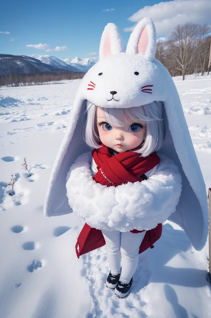 SUPEREEEEEEEEEEEEEEEEEEER CUTE CHIBI character half snow fox and a bunny mask in an open field with no one around