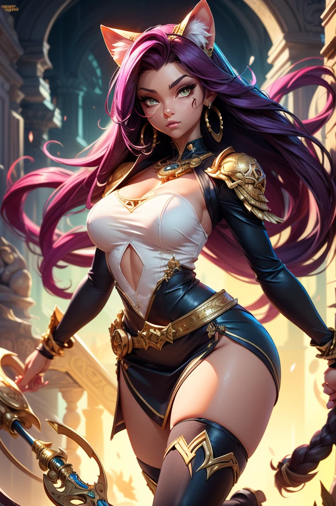 There is lost coliseum there stand female lioness in battle stance, she have ebony colour skin beautiful yellow cat eyes dark gold eyeshadows make up, ring style earrings, her hair is purple with pink highlights . she dressed in white neather topic with golden parts on countures also short and white leather straps on her cat legs instead of boots, her hands have hude ruby claws on her fingers, (ultra high quality fantasy art, anime fantasy style, masterpiece, ultra high quality character design, 8k quality anime art, realistic anime art, top quality wallpaper illustration, detailed ultra high quality accurate face, high quality design and accurate physic)