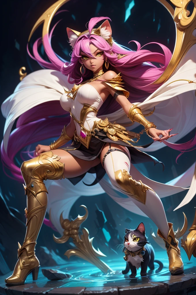 There is lost coliseum there stand female lioness in battle stance, she have ebony colour skin beautiful yellow cat eyes dark gold eyeshadows make up, ring style earrings, her hair is purple with pink highlights . she dressed in white neather topic with golden parts on countures also short and white leather straps on her cat legs instead of boots, her hands have hude ruby claws on her fingers, (ultra high quality fantasy art, anime fantasy style, masterpiece, ultra high quality character design, 8k quality anime art, realistic anime art, top quality wallpaper illustration, detailed ultra high quality accurate face, high quality design and accurate physic)