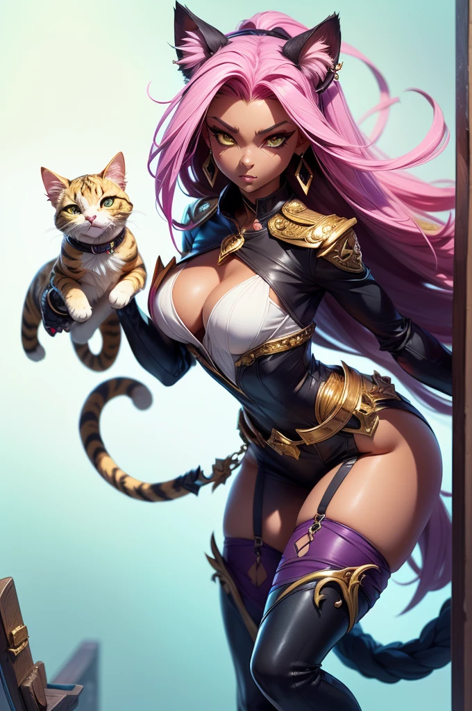 There is lost coliseum there stand female lioness in battle stance, she have ebony colour skin beautiful yellow cat eyes dark gold eyeshadows make up, ring style earrings, her hair is purple with pink highlights . she dressed in white neather topic with golden parts on countures also short and white leather straps on her cat legs instead of boots, her hands have hude ruby claws on her fingers, (ultra high quality fantasy art, anime fantasy style, masterpiece, ultra high quality character design, 8k quality anime art, realistic anime art, top quality wallpaper illustration, detailed ultra high quality accurate face, high quality design and accurate physic)