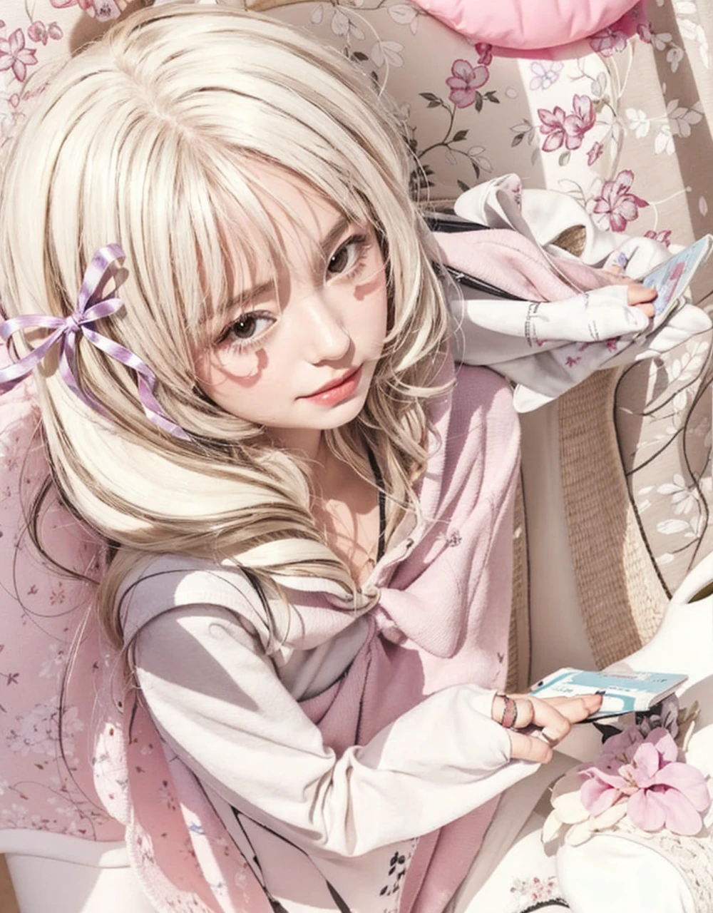 A stunningly lifelike portrait captures a 10-year-old girl with purple eyes and beautiful European features. Smile, holding book