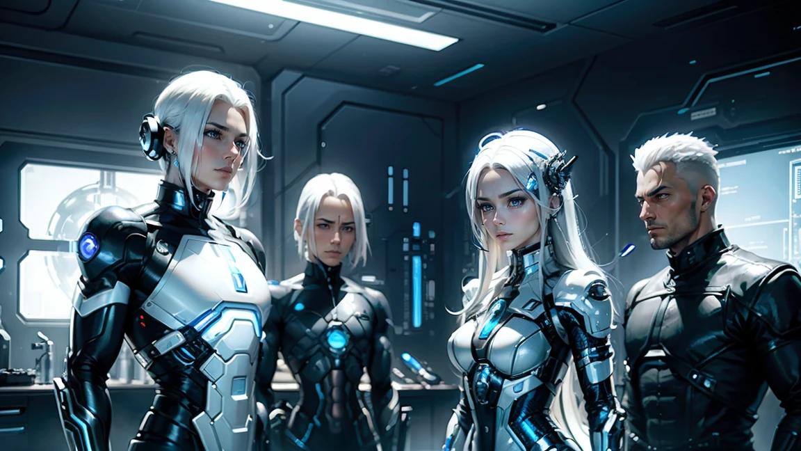 futuristic laboratory, men with implanted cybernetic parts, a doctor with a metal arm, and an android woman with white hair and blue eyes wearing white clothes.