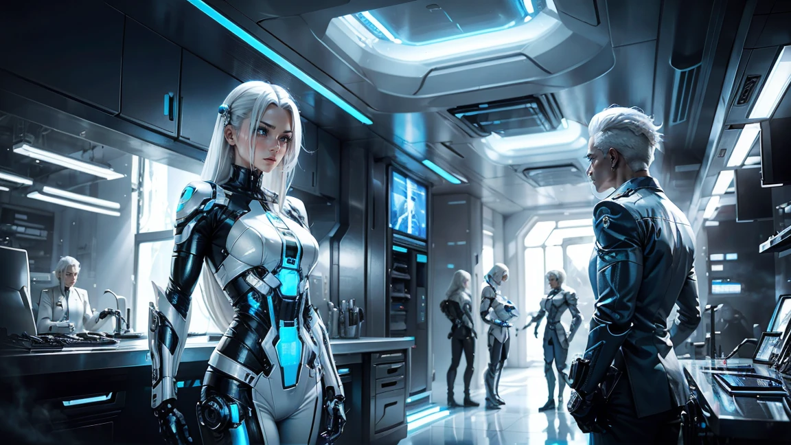 futuristic laboratory, men with implanted cybernetic parts, a doctor with a metal arm, and an android woman with white hair and blue eyes wearing white clothes.