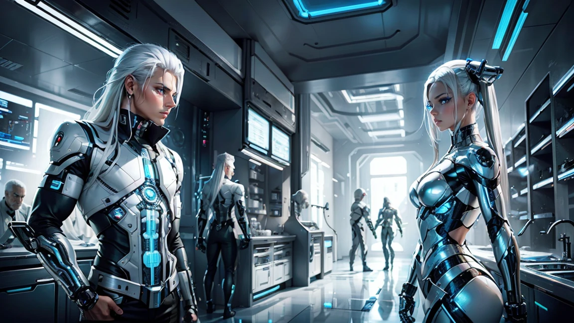 futuristic laboratory, men with implanted cybernetic parts, a doctor with a metal arm, and an android woman with white hair and blue eyes wearing white clothes.