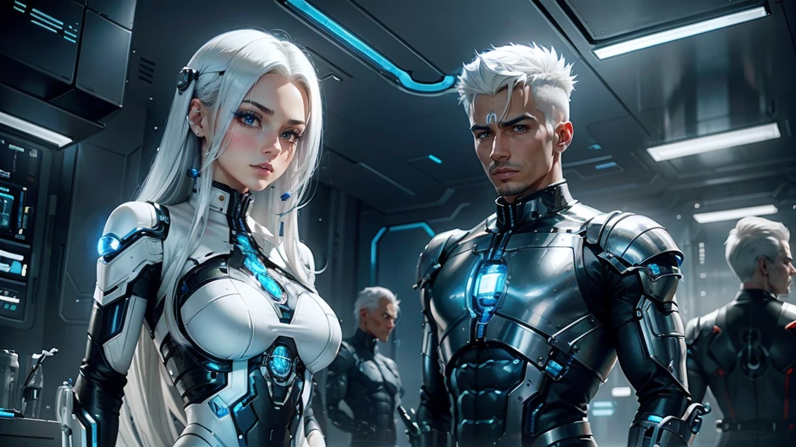 futuristic laboratory, men with implanted cybernetic parts, a doctor with a metal arm, and an android woman with white hair and blue eyes wearing white clothes.