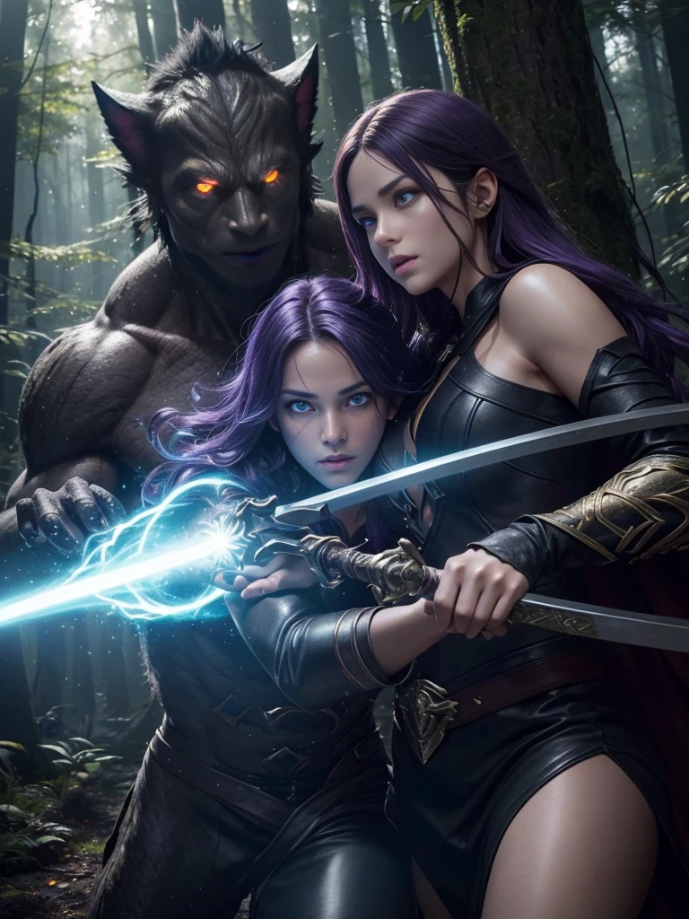 Alleia and Malcolm are engaged in an intense battle against a dark, menacing creature in a mystical forest on Slaphnyr Island. Alleia, with her blonde hair and light blue eyes, is casting a powerful fire spell, while Malcolm, with his dark purple hair and black eyes, is wielding a glowing magical sword. The creature, shrouded in shadows, has red, glowing eyes and sharp claws. The forest around them is illuminated by the magical energy of their attacks, creating a dramatic and action-packed scene. (photo realistic:1.4), (hyper realistic:1.4), (realistic:1.3), (smoother lighting:1.05), (increase cinematic lighting quality:0.9), 32K, realistic lighting, ray trace, (brightening light:1.2), (Increase quality:1.4), (best quality real texture skin:1.4), finely detailed eyes, finely detailed face, finely quality eyes. (UHD, retina, masterpiece, accurate, anatomically_correct, textured_skin, super_detail, high_details, high_quality, best_quality, high_res, 1080P, HD, 4K, 8k, 16k), (beautiful_detailed_eyes, beautiful_detailed_lips, extremely_detailed_eyes_and_face), soft_lighting, physically-based_rendering, vivid_colors, (Best Highest Quality, 8K, High Resolution, Masterpiece:1.2), Ultra Detailed, Extremely Fine, (Realistic, Photo Realistic:1.37).