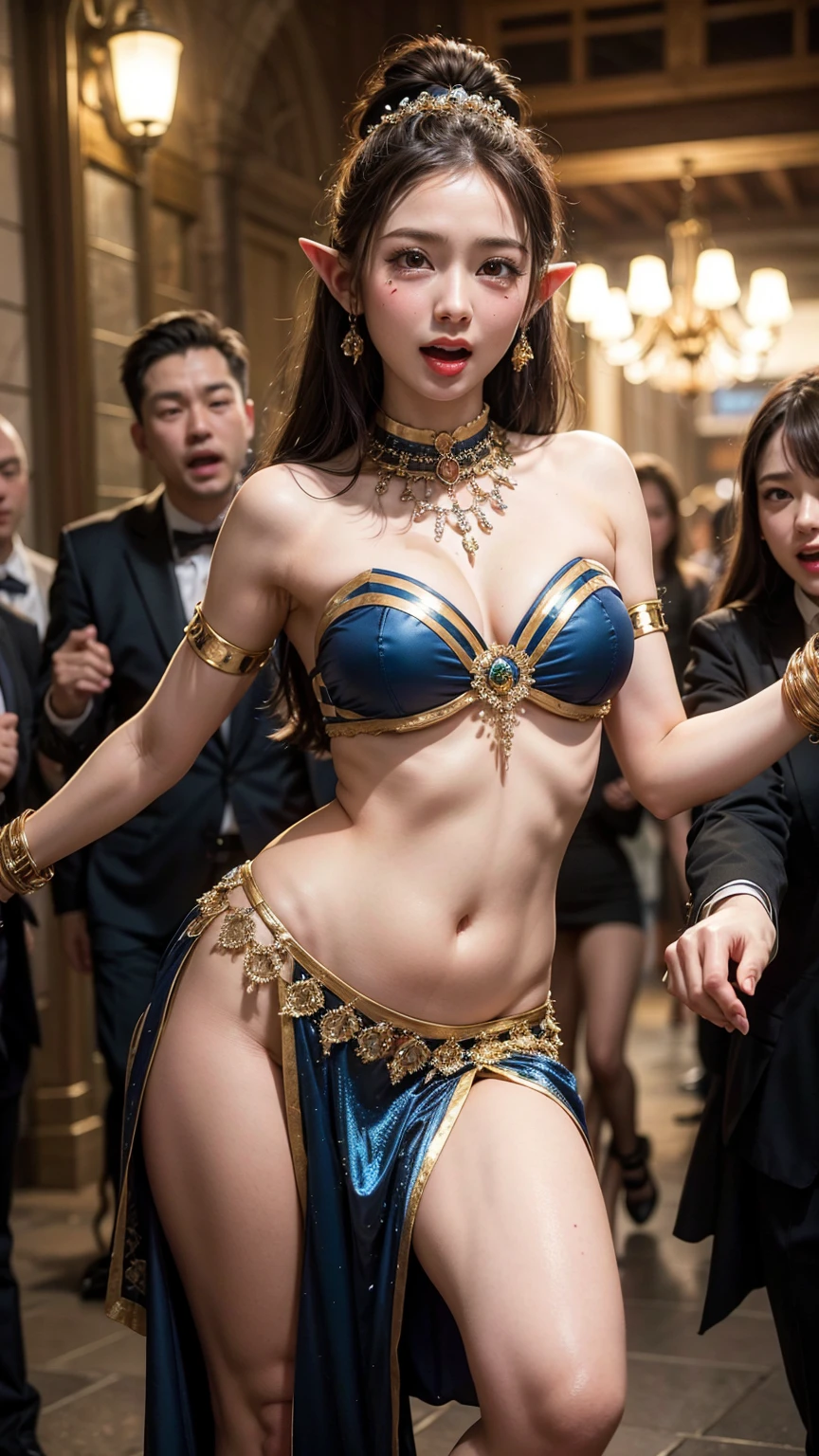 Highest quality、4K quality、Man Attacking、Tall Elf Woman Being Attacked、thin、Small face、Belly Dance Costumes、26 years old、Stroking a woman's groin(1.6)、Hugging a woman's breasts(1.7)、Open your mouth(1.8)、Sticking out tongue(1.4)、tears(1.6)、