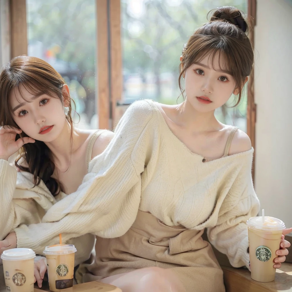 A 23 yo girl in border colored knit with beige and white, (people in shop:1.2), portrait, close up, looks front, (strong make up:1.2), curly ponytail, brown hair, orange red cheek, smooth skin, in a starbucks, iced coffee on table, blurred brown door in background