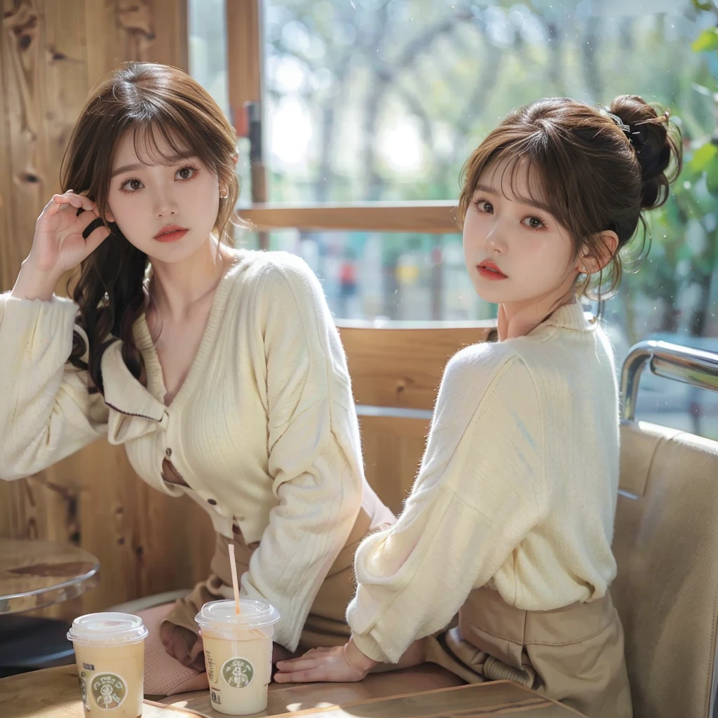 A 23 yo girl in border colored knit with beige and white, (people in shop:1.2), portrait, close up, looks front, (strong make up:1.2), curly ponytail, brown hair, orange red cheek, smooth skin, in a starbucks, iced coffee on table, blurred brown door in background