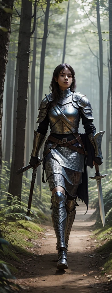 a woman in a chainmail armor, holding a shield and a long sword, no helmet, backpack on her back, walking on a path through a forest interior