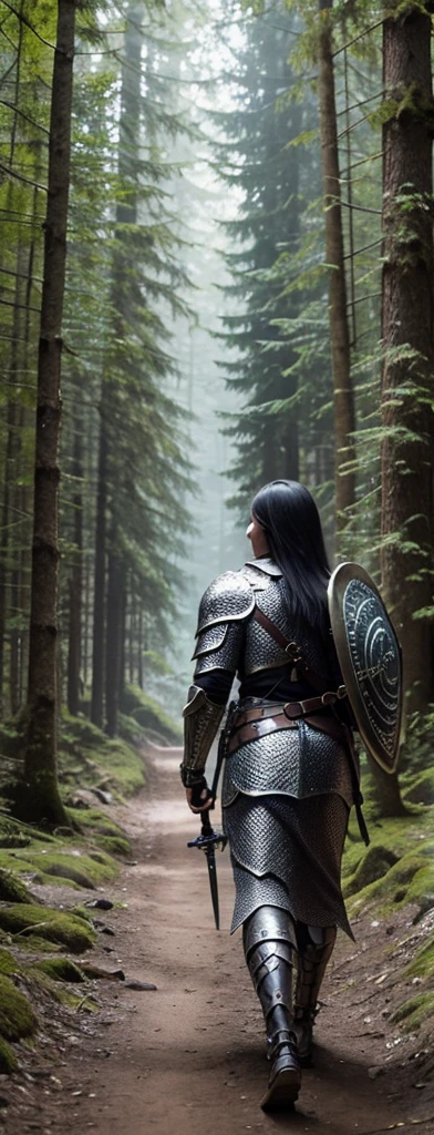 a woman in a chainmail armor, holding a shield and a long sword, no helmet, backpack on her back, walking on a path through a forest interior
