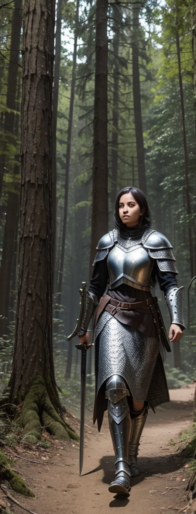 a woman in a chainmail armor, holding a shield and a long sword, no helmet, backpack on her back, walking on a path through a forest interior