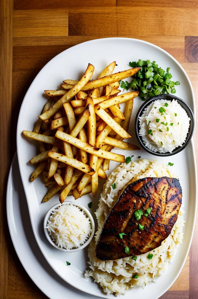 Personal plate of food that has roasted breast, coconut rice, mashed potatoes and french fries