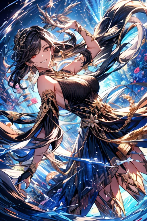(dynamic angle:1.3, front view:1.1, breast focus:1.3, from below:1.2), (dynamic posing:1.5, sexy posing:1.2, leaning forward), (seductive smiling:1.3),(*K) HD, highest quality, Anime style beutiful woman, 1girl,fullbody, happy, (with sparkling eyes and a contagious smile:1.2), red face, closed mouth, beautiful detailed eyes, super detailed skin, backlighting, bare shoulders, black background, black dress, black gloves, silver hair, breasts, dress, earrings, fingerless gloves, floating hair, floral print, flower, gloves, gold earrings, gold hairband, hair flower, hair ornament, hairband, holding, holding two-hands weapon, jewelry, medium breasts, long hair, looking at viewer, off-shoulder dress, off shoulder,red eyes, short hair with long locks, sidelocks, solo, spikes, thighs, two-sided dress, two-sided fabric, weapon, fighting stance , face, close up, from above, highest quality, high resolution,Real World, Natural light,perfect Natural light,looking at viewer,