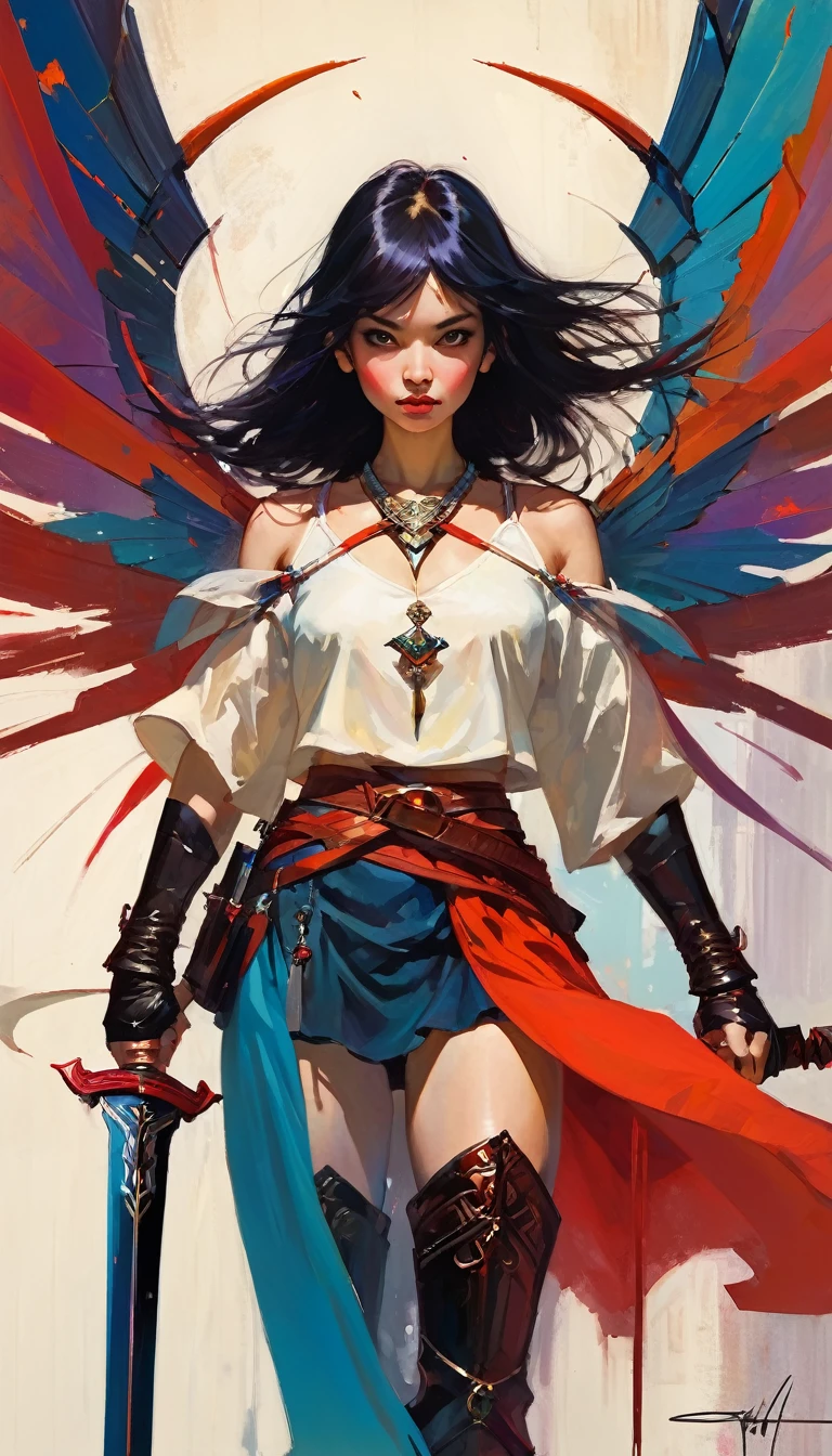 girl with two swords, work inspired by Bill Sienkiewicz, vivid colors, intricate details, oil.
