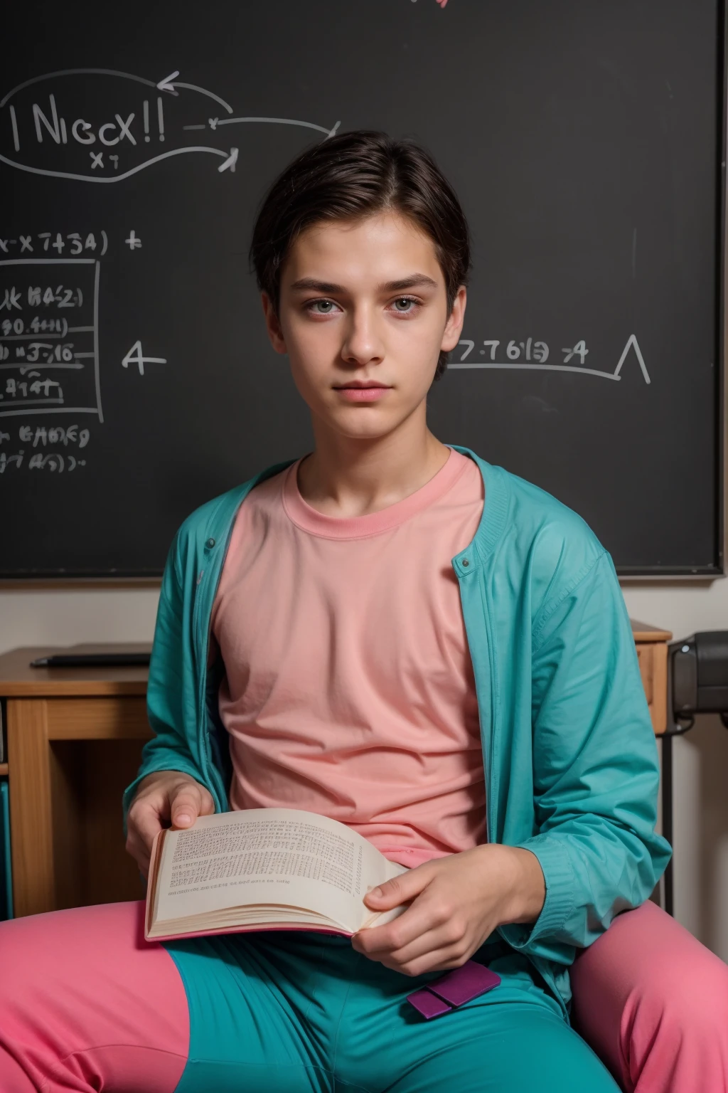 A beautiful young male twink with dark circles under his eyes. He has black hair and a face with make-up. He is wearing a bright pink long-sleeved shirt and aqua blue pants. He is in his office, sitting at a study desk, reading a huge book. Behind him is a blackboard with calculus written on it. Integration and mathematical equations, and radiating neon energy comes out of the blackboard.