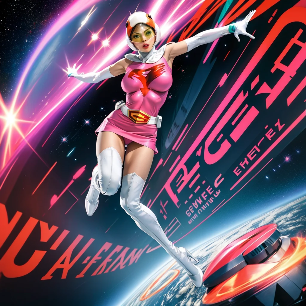 ANI_CLASSIC_jun_gatchaman_ownwaifu,1girl, ,good anatomy, masterpiece, best quality,realistic, hyperrealistic, 16k hdr,breasts,green eyes,lips,large breasts,lipstick,makeup,gloves,cape,helmet,belt,elbow gloves,white gloves,mask,ultra miniskirt,leotard,spacesuit,white tight overknee highheels boots,pink dress,superhero,bodysuit,cleavage,erected nipples,((jumping poses)),cameltoe
