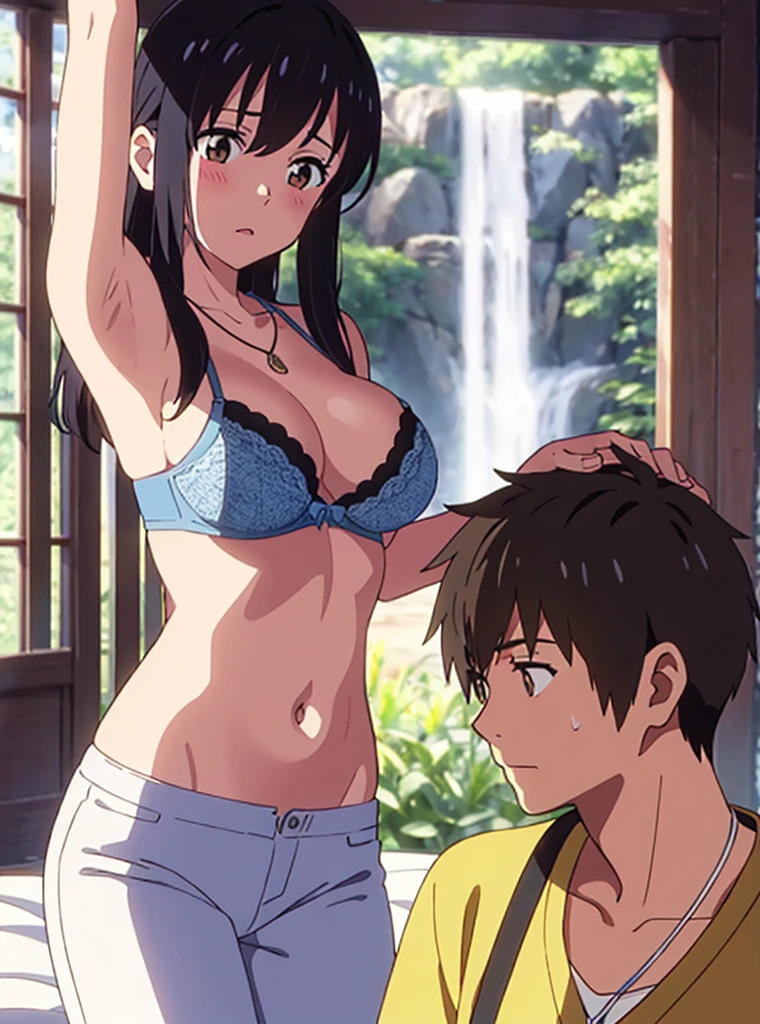 shinkai makoto, Kimi No Na Wa., 1 boy, Shaved head, , Boys are behind girls, Touching the chest, Rubbing breasts from behind, grab, grabbing chest,chestgrab behind back, Remove your bra, Hold the bra, Embrace, Embrace, Kiss on the neck, One girl, Black Hair, Waterfall knitting, Red ribbon, Long Hair, Brown eyes, blue star necklace, Light Cardigan Pink, Open shirt, Yellow shirt Open shift, belly button, White bra, White pants, cute, Open your mouth, whole body, Long sleeve, Cowboy Shot, masterpiece, On a date, Blushing, Bedroom, night, Sit on the bed , Shaved head,Topless,Nipples are erect,Armpit sweat,Shyness,clear,High exposure,Having my armpits licked,His arms are tied and he is hanging from a rope