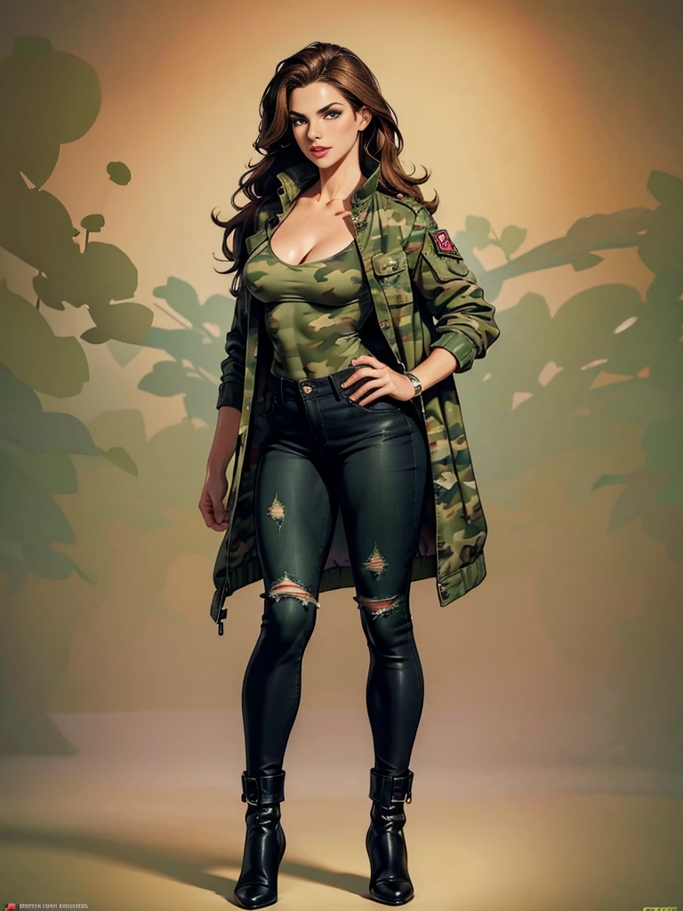 ((best quality)), ((4k)), ((highres)), ((masterpiece:1.2)). ((detailed)), ((ultra realistic)), ((intricate details)), ((full body picture)), ((character design sheet)), ((blank background)), ((standing in a blank background)), a full body shot of a beautiful latina female, colombian woman, colombian beauty, ((emphasis on her complexion)), ((brown hair)), long brown hair, luscious long brown hair, perfect face, gorgeous face, ((vivid hazel eyes)) detailed eyes, detailed lips, ((luscious red lips)), about 5'8 tall, about 25 years old, medium-sized breasts, c cup breasts, athletic body, muscular frame, muscular and feminine, she's dressed in a military green jacket camouflage print, ((military green jacket camouflage print)), close jacket, ((close jacket)), ((high neck)), ((no cleavage)), ((no cleavage)), ((no cleavage)), black jeans, ((skin-tight black jeans)), black boots ((black boots))