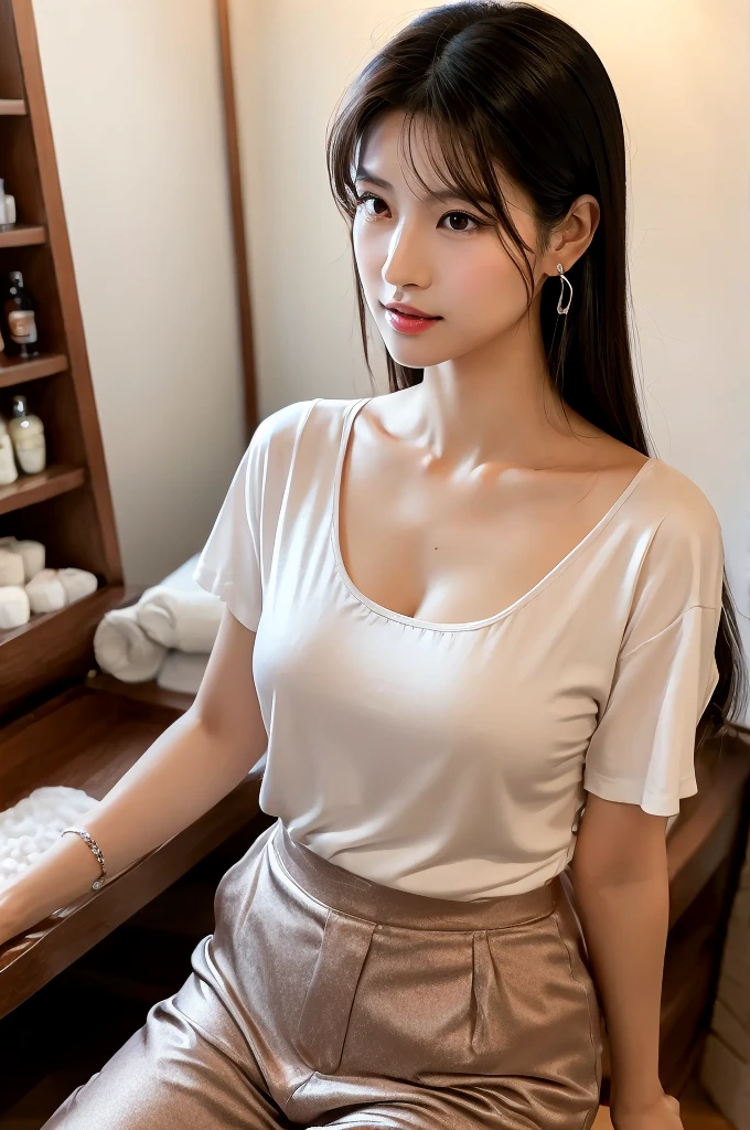 ((white t-shirt)), knee-length cotton pants, massage parlor,((full body)),((photo)),((best qualtiy, 8K, tmasterpiece:1.3)), Focus:1.2, perfect figure beautiful girl:1.4,1girl,cowboy shot,look at viewer,incredibly absurd, beautiful and cute girl with a photorealistic face, showcasing top-quality craftsmanship, Japanese woman working at a massage parlor, 20 years old, straight black hair down to the jaw line, silky and straight hair, fair and clear skin, small face, straight nose, large round brown eyes, long eyelashes, plump cherry-colored lips, well-defined eyebrows, clean-cut face, long neck, beautiful décolleté line, , delicate, slender, beautiful C-cup breasts, silver necklace, small earrings, pretty older woman, beautiful, neat, soothing, devilish type, calm demeanor, soft-spoken, curious, likes alcohol, likes to try new things, mature, June