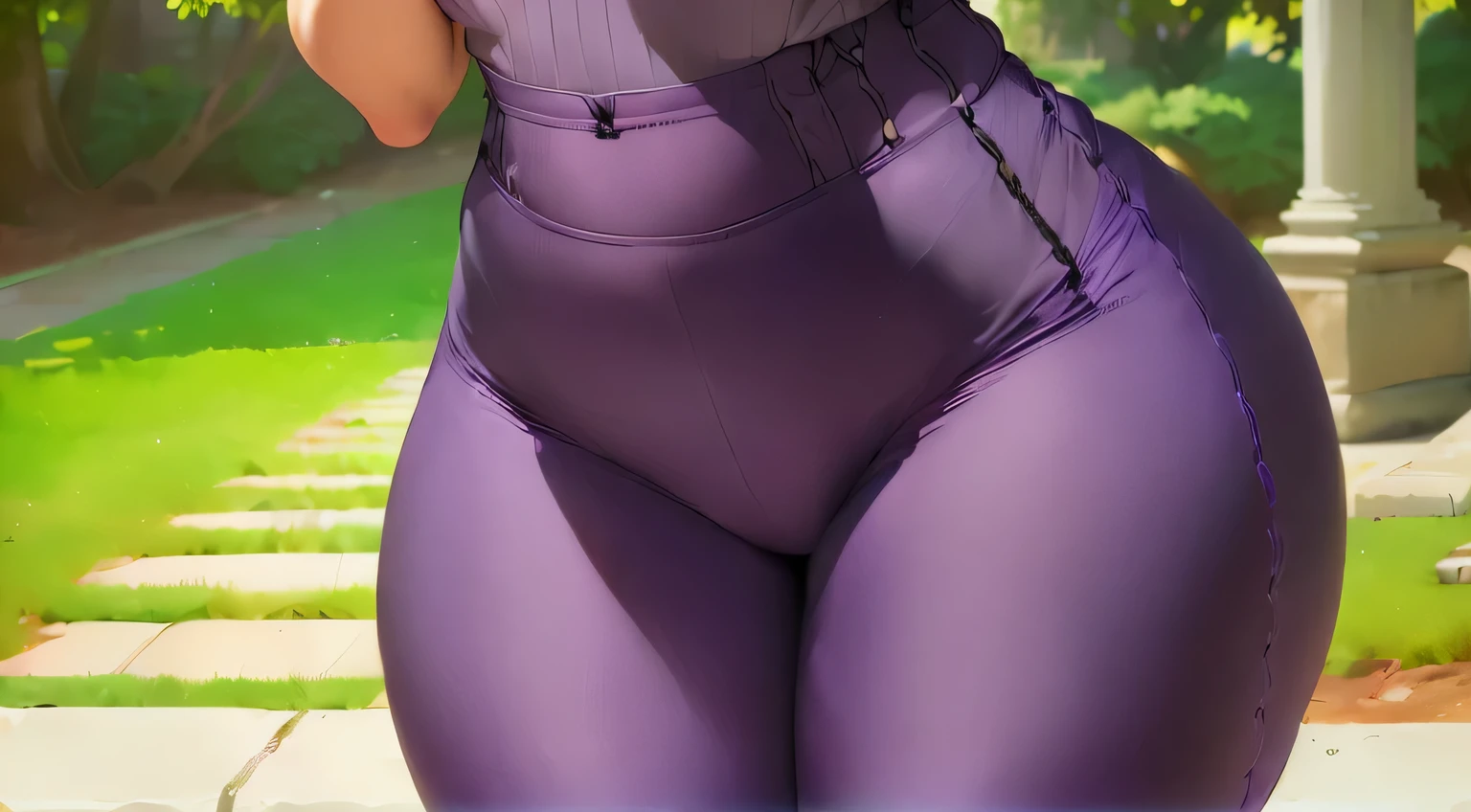 bottom body close up, exposed thighs!!!, thighs!!!!!!, large thighs (Lower body:1.5) masterpiece:1.2, 1women, (38yers old), (best quality), (real picture, intricate details, depth of field), highly-detailed, attractive waist, high resolution, (illustration:0.8), perfect lighting, extremely detailed CG, big breasts, large, susprised posture, (purple pants:1.5), (tight pants:1.5), (thick_thighs:1.5), (head out of frame:1.5), (lower body:1.5)